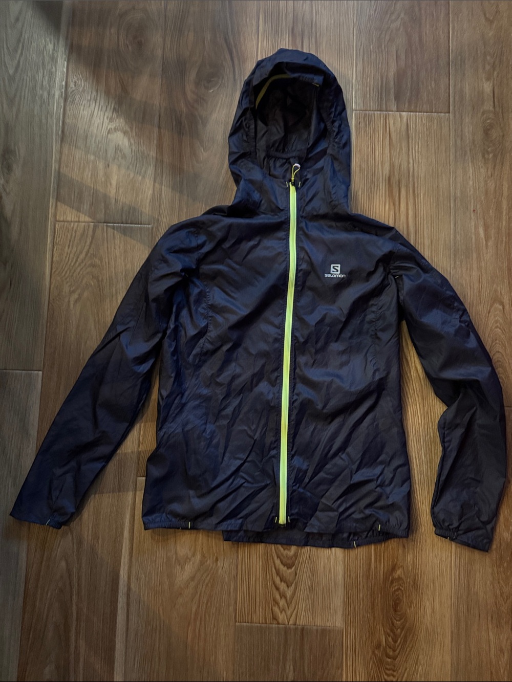 Salomon Hooded Windbreaker Jacket - Navy with Neon Yellow Zipper